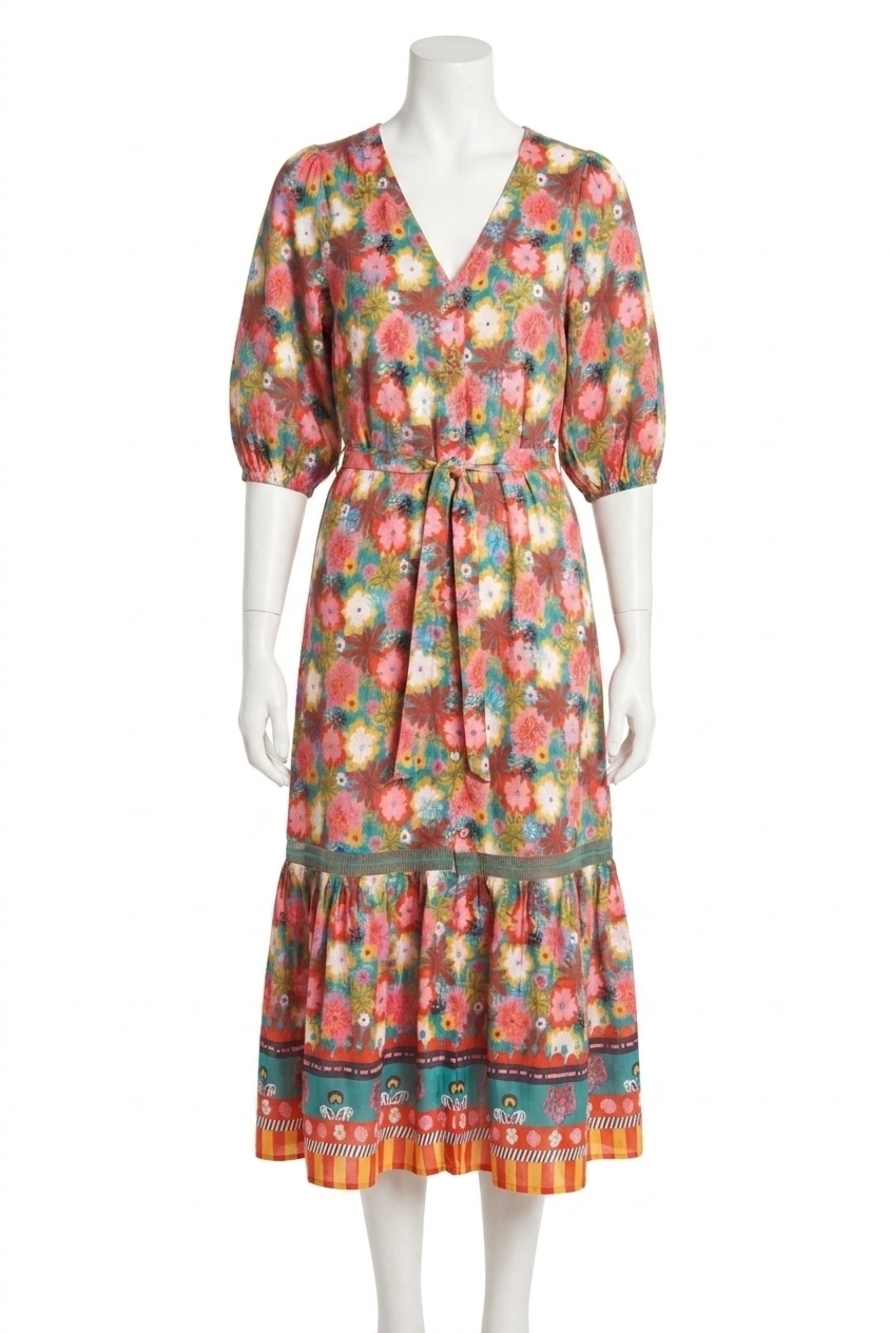 NEW EMILY LOVELOCK sophie tiger print midi dress in pink multi